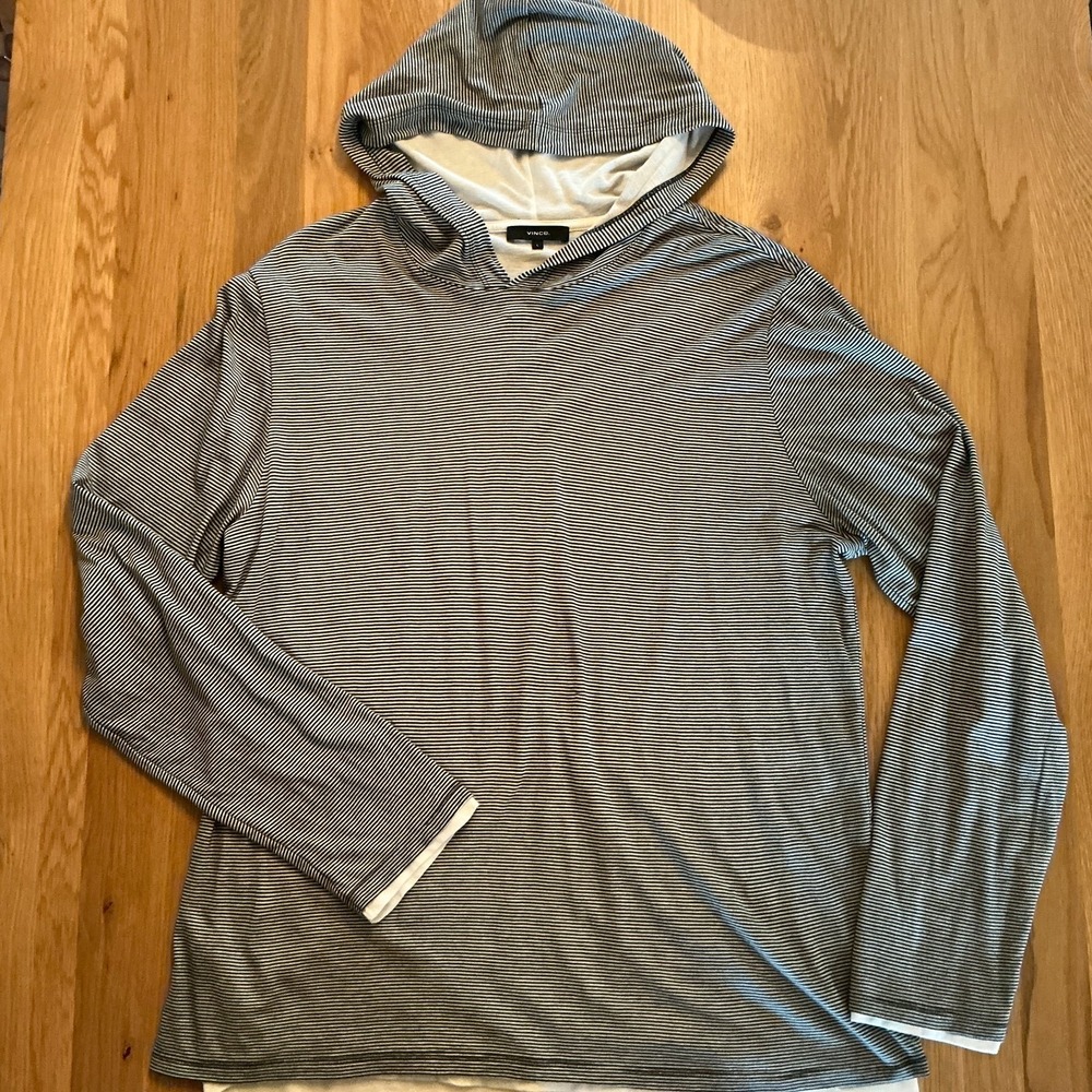 Vince Hoodie Mens Large Black White Striped Pima Cotton Pullover Lightweight